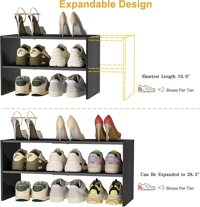 Black Shoe Rack Organizer for Closet, 2-Tier Expandable Shoe Shelf, Stackable Iron Wood Combination Small Shoe Racks Shelves 