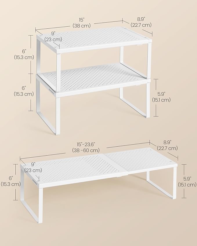SONGMICS Spice Racks, Set of 2 Expandable Kitchen Countertop Shelves, Small Cupboard Organizers, Metal, Space-Saving Tabletop