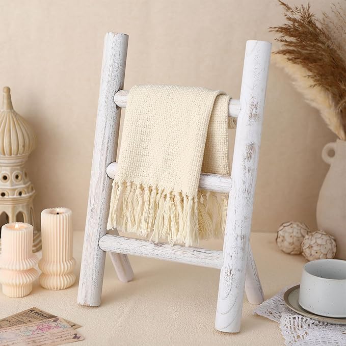 Cinnvoice 2 Pcs Wooden Tea Towel Ladder Rustic Hand Towel Stand Rack Mini Countertop Towel Stand Farmhouse Wood Counter Towel