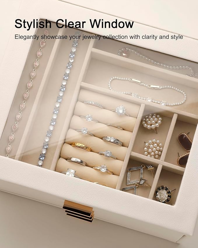 Jewelry Box with Glass Lid,3-Layer Jewelry Boxes for Women,PU Leather Jewelry Organizer with 20-Grid Earring Drawer & Movable