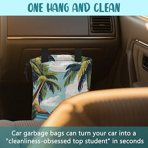 Car Garbage Bag Tropical Beach Palm Trees Drawstring Car Trash Bag Hanging for Back Seat with Adjustable Buckle Canvas Vehicle Trash Can Easy-to-Install