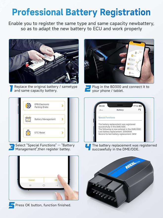 ANCEL BD300 BMW Bluetooth OBD2 Scanner, Full System Code Reader and Diagnostic Tool for BMW with Battery Registration Service
