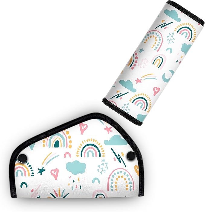 Kid'S Seat Belt Cover Pad, Neck & Abdomen Cushion For Children- Soft And Breathable Straps Cover Support For Booster Seat, Strollers, And High Chairs | Hypoallergenic Travel Accessory, Rainbow