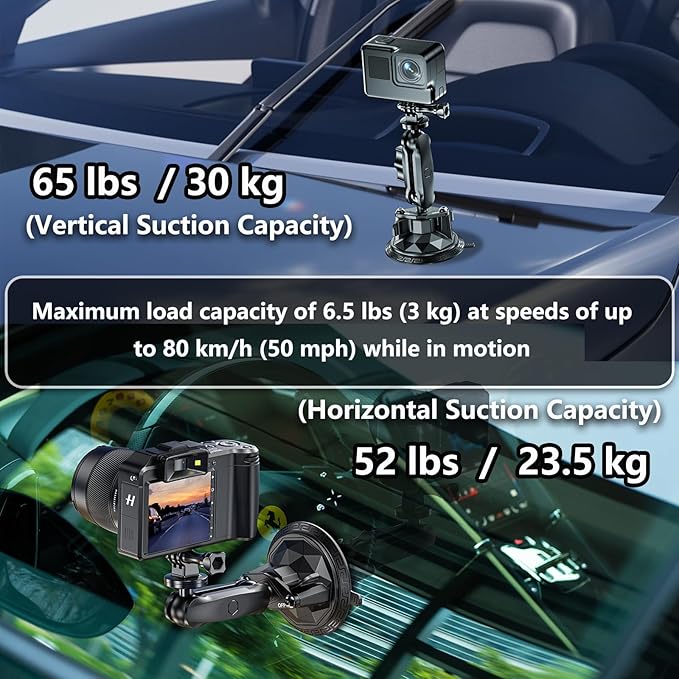 Camera Suction Cup Mount with Ball Head Magic Arm, Twist-Lock Composite Suction Cup Mount on Car Boat Windshield Window with 1/4"-20 Threaded for Action Camera/Camcorder/Phone Holder