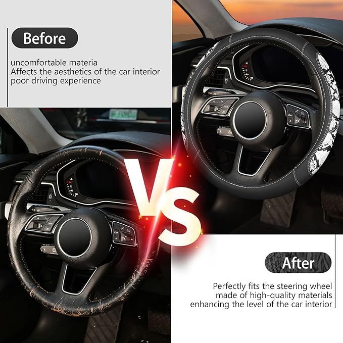 ZHOL Snake Skin Leather Steering Wheel Cover,Black and White Animal Fur Car Accessory Steering Wheel Cover,Universal 14.5-15i