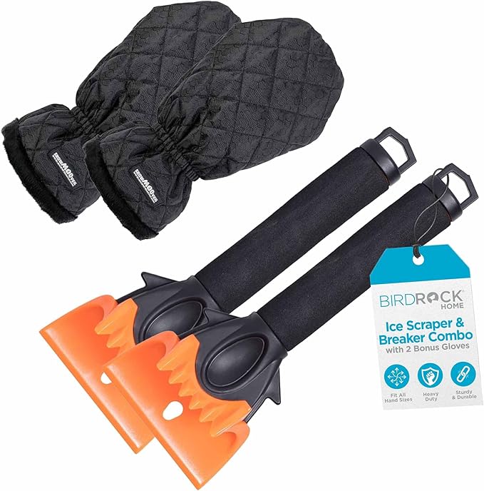 BIRDROCK Home 2 Pack Ice Scraper and Breaker Combo for Car Windshield & Windows | Water Resistant & Large Padded Glove | Wide 4" Blade | Non-Scratch | Tough ABS Plastic