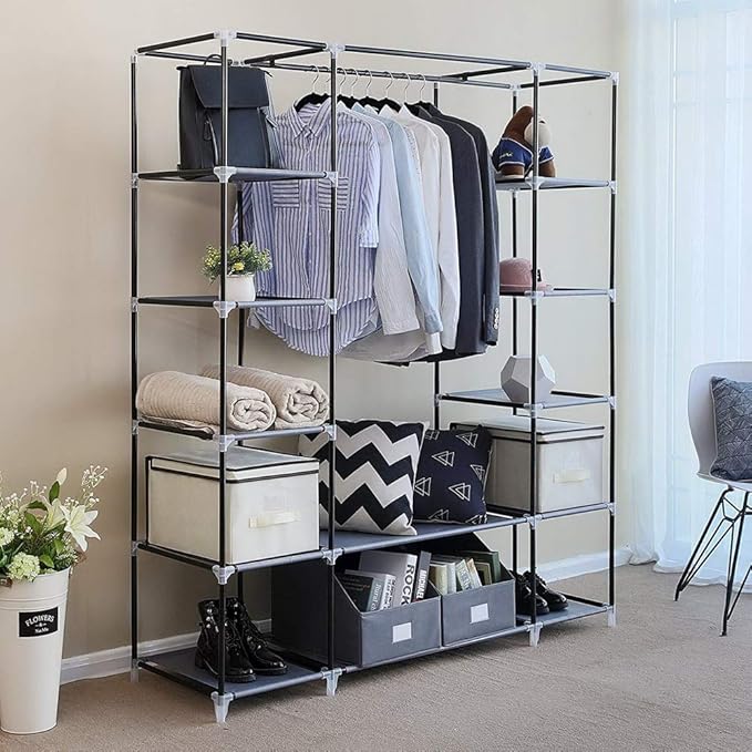Karlhome 5-Tier Canvas Wardrobe, Portable Fabric Wardrobe with Shelves and Cover for Hanging Clothes, Clothes Rail with Cover