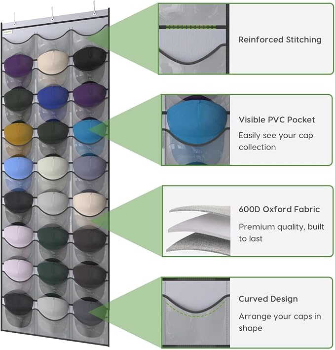 Unjumbly Baseball Hat Rack, 27 Pocket Over-The-Door Hat Organizer with Clear Deep Pockets to Display Baseball Caps Collection