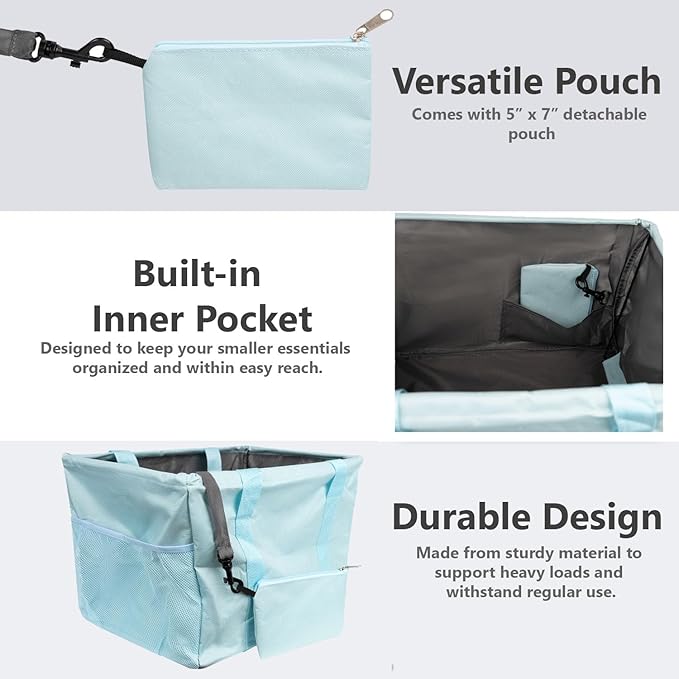 Extra Large Utility Tote Bag - Oversized Collapsible Tote with Wire Frame, Durable Reusable for Beach, Groceries, Laundry, Car Trunk, Storage and Travel - Includes 5x7 Bag with Hook - Light Blue