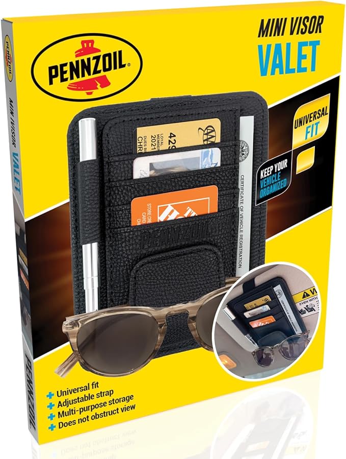Pennzoil Mini Car Sun Visor Organizer Auto Interior car interior accessories - Car Visor Organizer -4 Card Slots, Pen Holder, Eyeglass Clip, Large Pocket -Small Size 5” x 6”x 0.50” Sunvisor Organizers