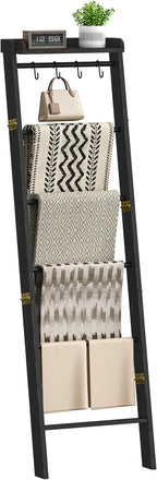 Hzuaneri Blanket Ladder Shelf, Decorative Quilt Rack, 7-Tier Farmhouse Ladder Holder Organizer with 4 Removable Hooks 7.9" D 