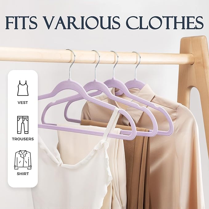 HOUSE DAY Lt-Purple Velvet Hangers 60 Pack, Non Slip Clothes Felt Hanger Heavy Duty for Coat, Premium Slim Space Saving Suit 