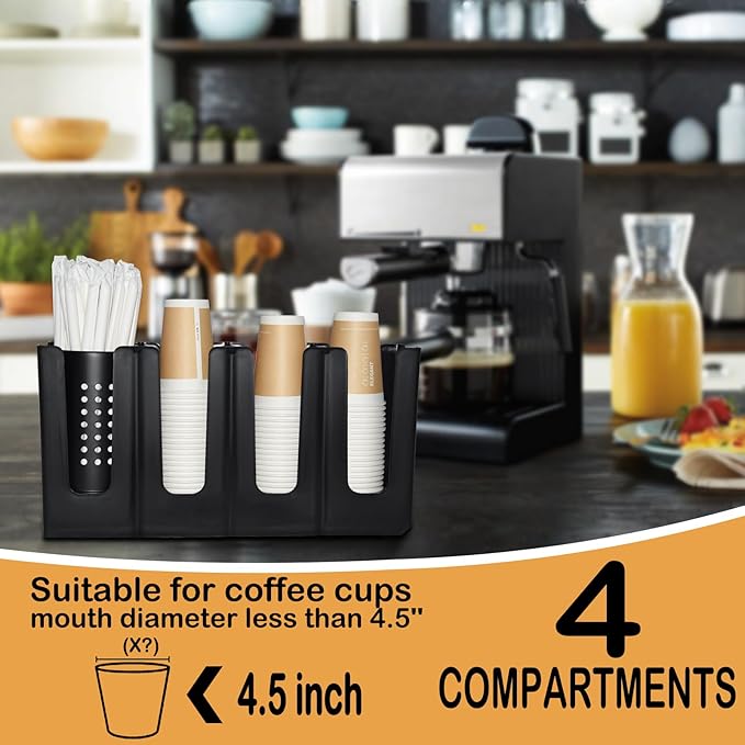 Cup Holder Lid Dispenser with Straw Organizer,4 Compartment 7 Adjusting,Disposable Paper Cup Storage Organizer for Breakroom 