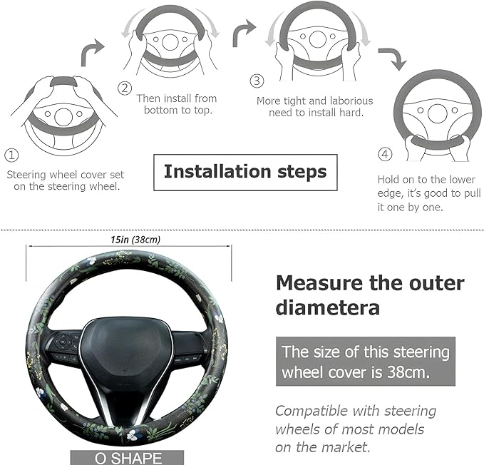 Boho Floral Steering Wheel Cover Auto Leather Steering Wheel Protector, Anti-Slip, Breathable, Absorbing Sweat, Universal Flo