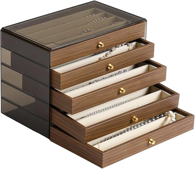 CLUQMEIK 5 Layer Necklace Jewelry Box, Vintage Wooden Jewelry Box with Acrylic Cover Stackable Necklace Storage Organizer for