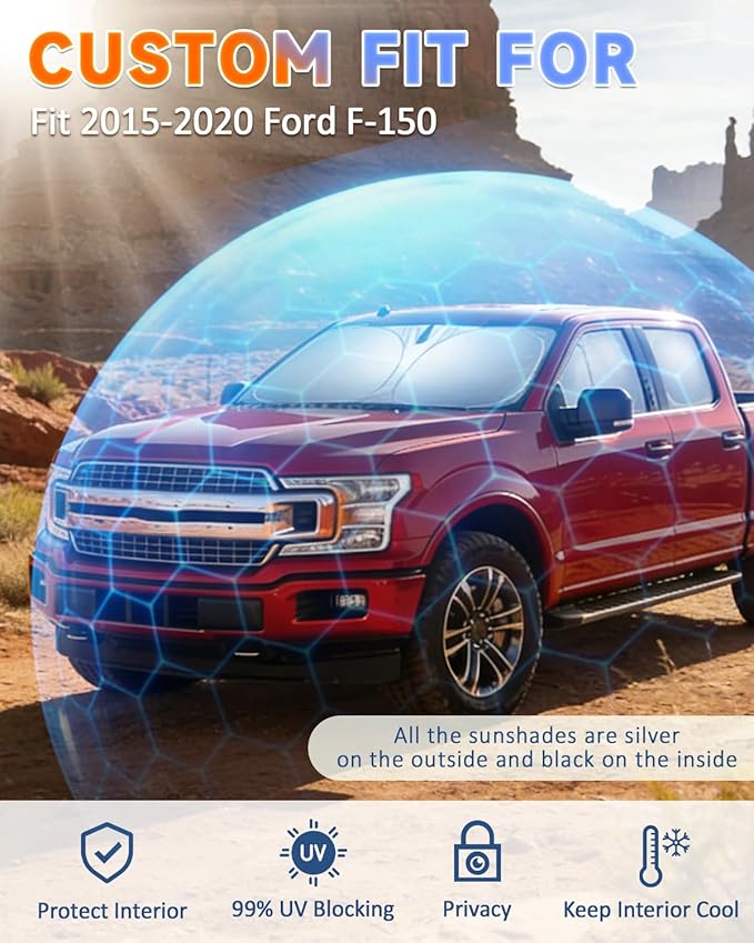 Sun Shades for Ford F-150 2015-2020 Windshield Sunshade Accessories Full Window Shades for F-150 Front Rear Side Window Covers Fixed with Inserts Sun Visor Blocker Privacy Car Keep Car Cool 6 PCS
