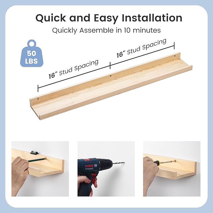 Picture Ledge Shelf for Wall, 36 inch Solid Ash Wood Nursery Book Shelves 2 Packs, Floating Shelves for Kids' Room Bedroom Ba