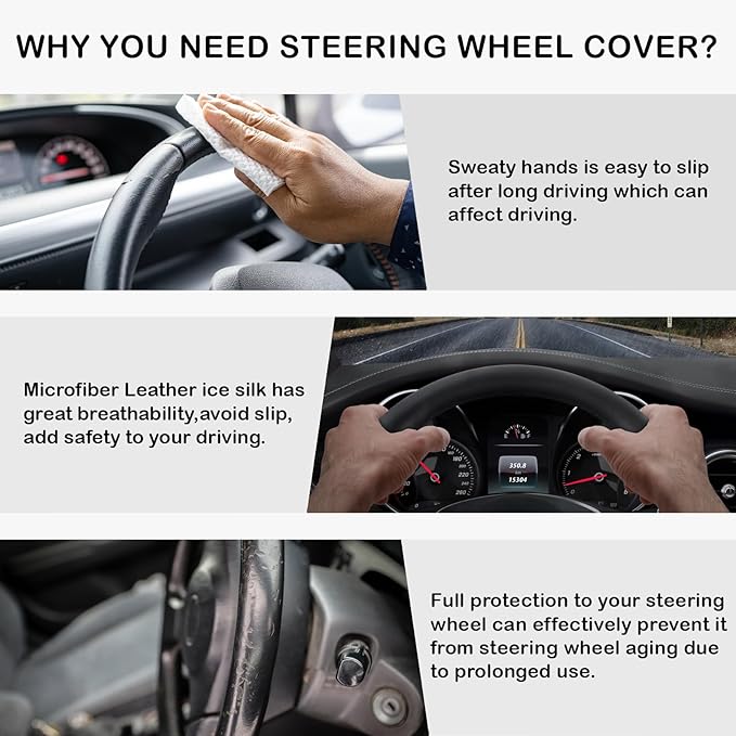 Black & White Nappa Leather Steering Wheel Cover, 14.5-15 inch Universal Car Steering Wheel Cover Non-Slip Breathable Absorbi