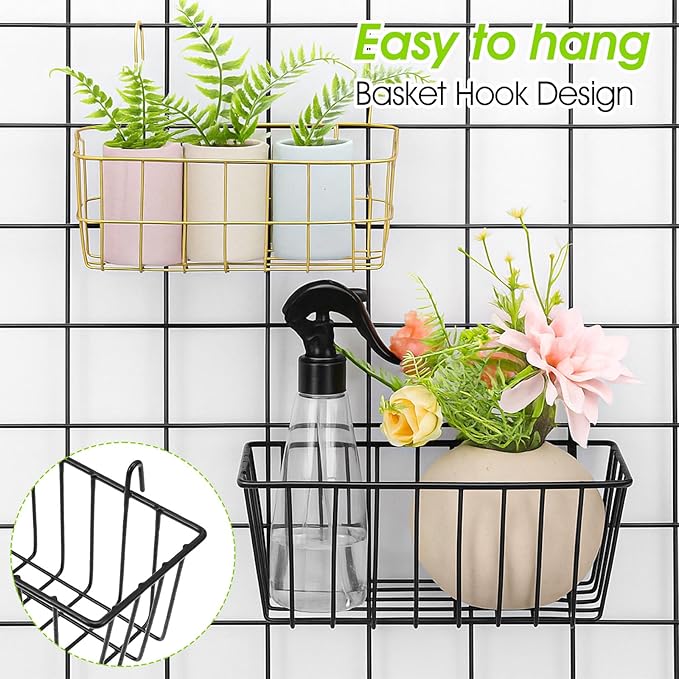 10 PCS Hanging Wire Baskets for Organizing - Hanging Metal Basket Storage with Wall Grid Panel, Rust-Resistant Iron for Kitch
