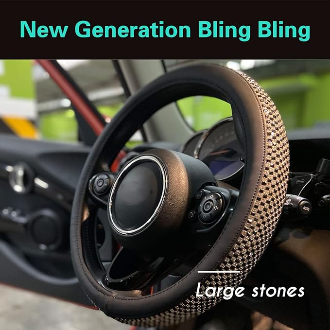 PINCTROT Large Size Bling Comfy Steering Wheel Cover with Jumbo Crystal Rhinestones, Anti-Slip Diamond Leather, 15.5-15.75 Inch (Black)