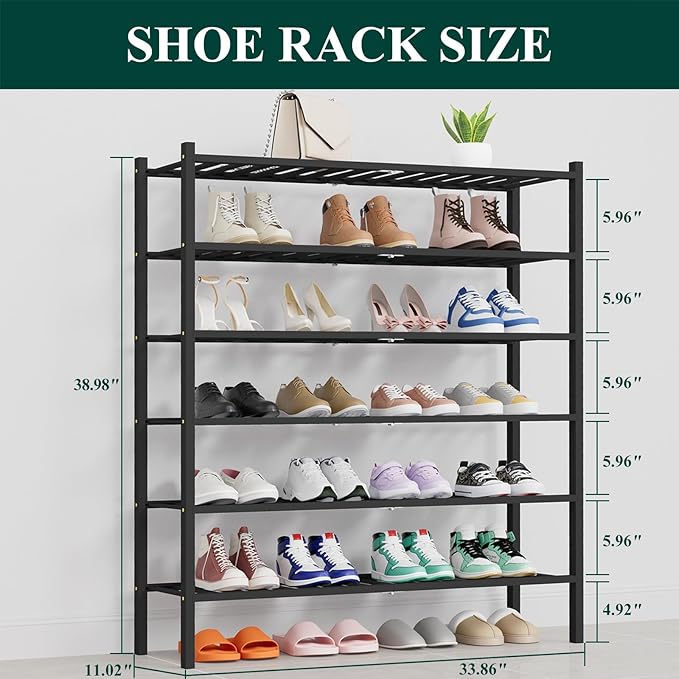 Smiry Shoe Rack, 6 Tier Thick Long Bamboo Shoe Organizer, Stackable Free Standing Wooden Shoe Storage Shelf for Closet, Entry