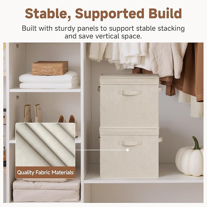 StorageWorks Fabric Storage Bins with Lids, Stackable Closet Storage Boxes with Handles, Decorative Storage Organizers, 15" x