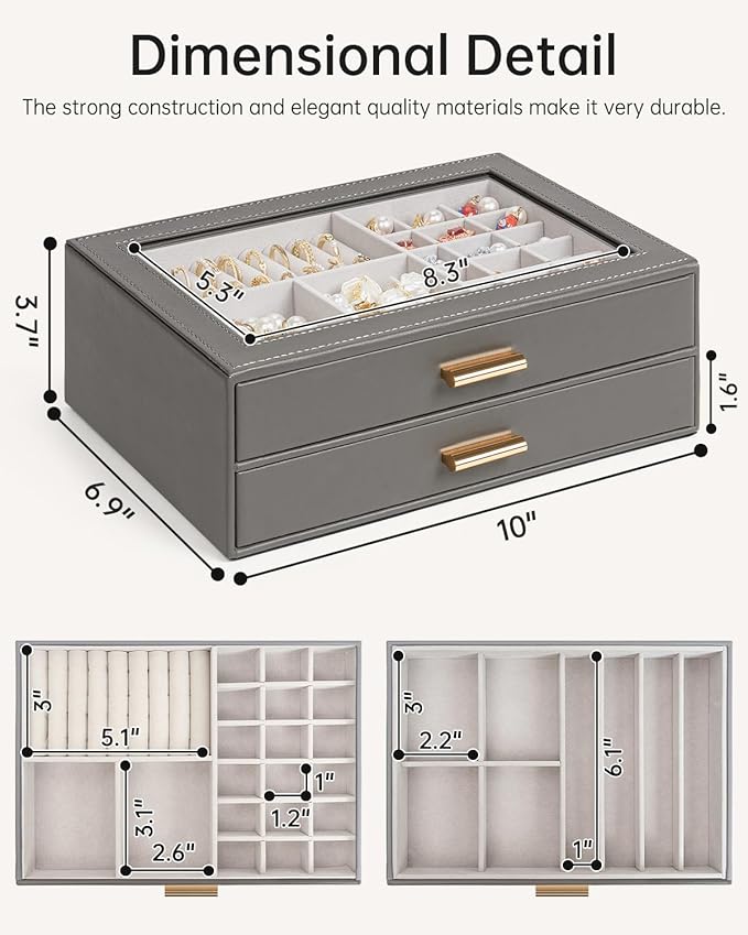 AKOZLIN Jewelry Box with Clear Lid Functional Leather Jewelry Storage Organizer Case 2 Drawers for Women Girls Necklace Ring 