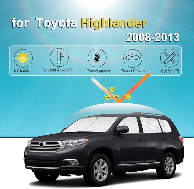KMF 8pcs Thicken Car Sun Shades for Toyota Highlander 2008-2013 Accessories, Custom Fit Window Covers Sunshade for Windshield Side Rear, UV Block and Blackout Privacy for Car Camping Outdoor