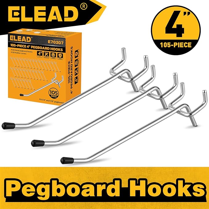ELEAD 105-Piece 4 Inch Pegboard Hooks, Heavy Duty Peg Board Organizer Accessories, Peg Board Tool Hangers Fit for 1/4" and 1/