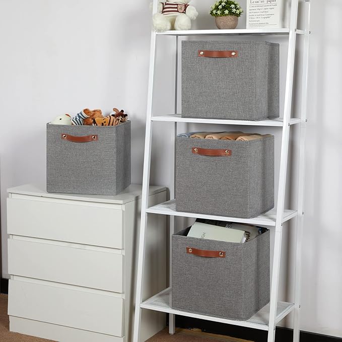 Temary 12x12 Storage Cube Bins 4 Pack Fabric Storage Cubes Storage Bins with Leather Handles, Storage Baskets Foldable Cube O
