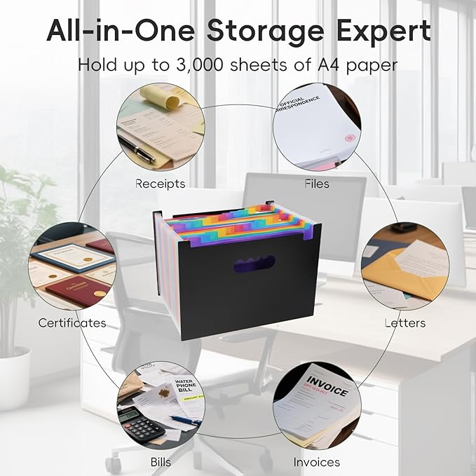 File Organizer Box with 25-Pocket Accordion Folder, File Folder & Protective Lid - Document Storage for Home, Office, School,