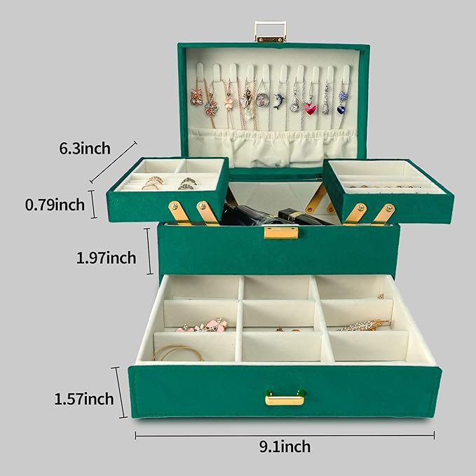 Dajasan Jewelry Organizer Box, Large Velvet Jewelry Boxes for Women Girls, Space-Saving 3 Layers Jewelry Storage Case with Dr