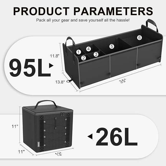 Bold Color Block Trunk Organizer | 95L, 35"x13.8"x11.8" | Dedicated Shoe Storage & 26L Ice Pack | Foldable for SUV/Car/Jeep