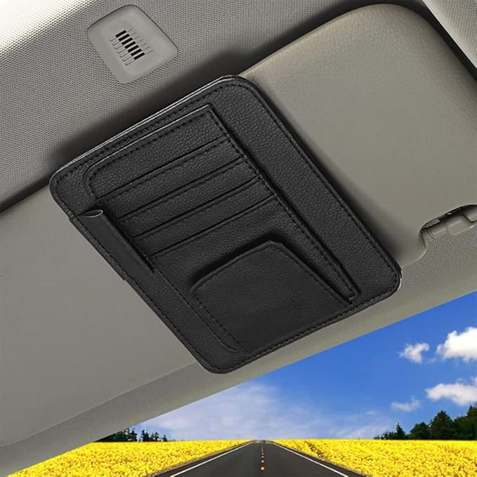 Small Leather Sun Visor Organizer for Car and Truck - Sunglass Holder, Card Sleeve Pocket, Document Holder for Registration, Driving License, Insurance, Pen, Chapstick