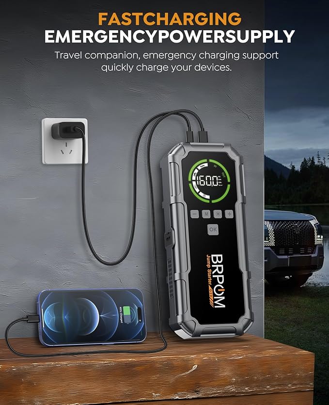 Jump Starter with Air Compressor, BRPOM 8000A Portable Car Jump Starter (All Petrol/12L Diesel), 160PSI 12V Battery Jump