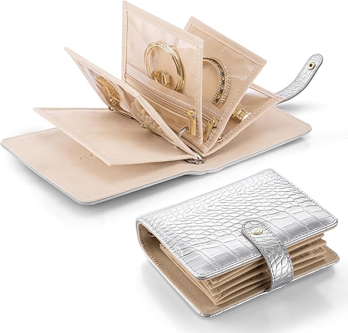 Vlando Travel Jewelry Organizer Case,Travel Gifts for Women,Portable Jewelry Storage Book Ring Binder with Clear Zipper Velve