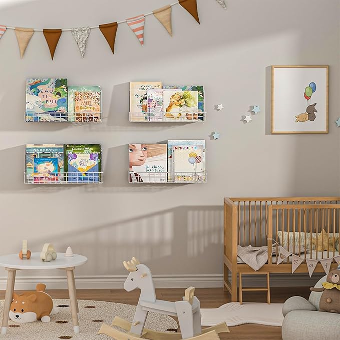 6-Pack White Floating Nursery Book Shelves , Metal Wall Mounted Storage book Shelves for Kids Bedroom, Toddler Room, Baby Nur