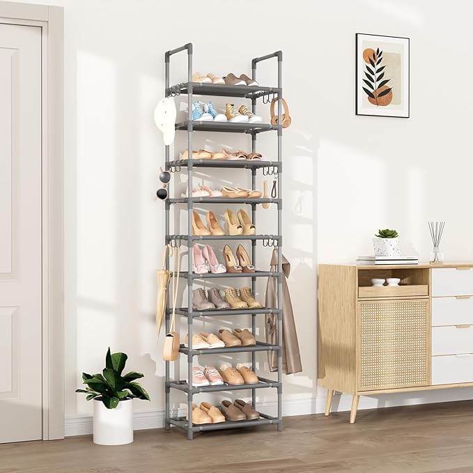 VTRIN 10 Tiers Tall Shoe Rack Holds 20-25 Pairs of Shoes Sturdy Vertical Shoe Organizer with 18pcs Hooks Stackable Narrow Sho