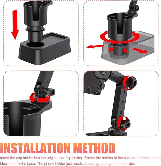 Car Cup Holder Mobile Phone Rack, Multi-Function 2 in 1 Cup Holder Expander, 360 Degrees Rotatable Automotive Phones Mount, U