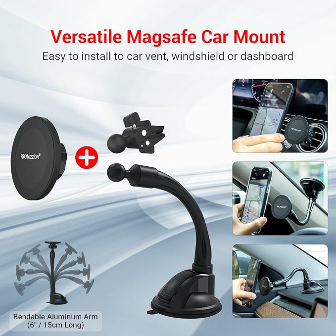 PROfezzion Suction Cup & Vent Clip Combo Magnetic Phone Holder Compatible with MagSafe on Car Windshield, Dash or Vent for iPhone 17 16 15 14 13 12 Pro Max, Mag-Safe Case & All Phones [Aluminum Rod]