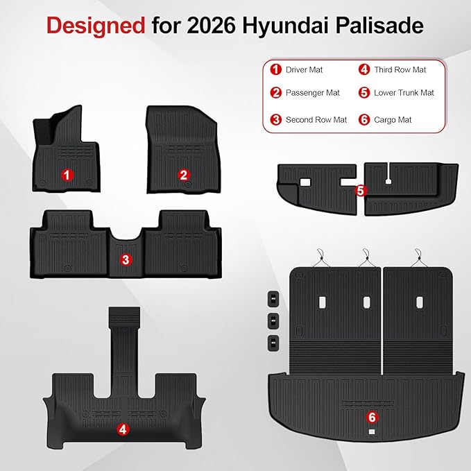 Floor Mats for 2026 Hyundai Palisade 7/8 Seat (Only Gas), All Weather TPE Black Cargo Mat with 3rd Seat Back Cover and Lower Trunk Mat for 2026 Hyundai Palisade Calligraphy Accessories
