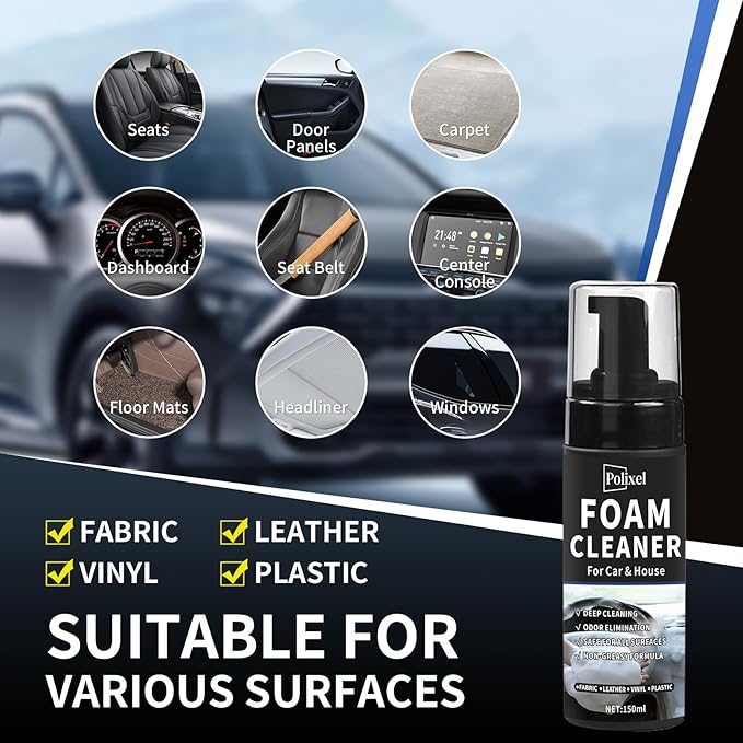 Car Interior Foam Cleaner - Powerful Waterless Carpet Upholstery & Seat Stain Remover for Leather, Fabric, Vinyl - Auto Detai