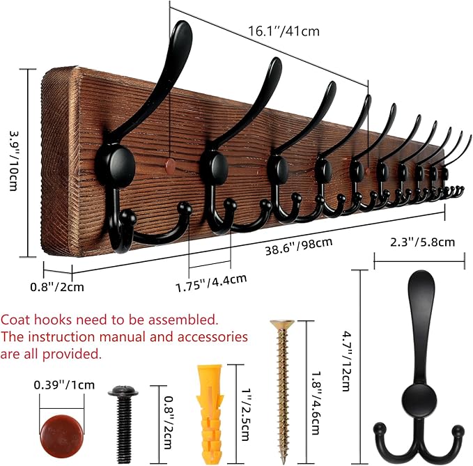 Large Coat Rack Wall Mount 38.6'' Rustic Wood Coat Rack Hook Long Coat Hooks Wall Mount Farmhouse Wall Hooks for Hanging Coat