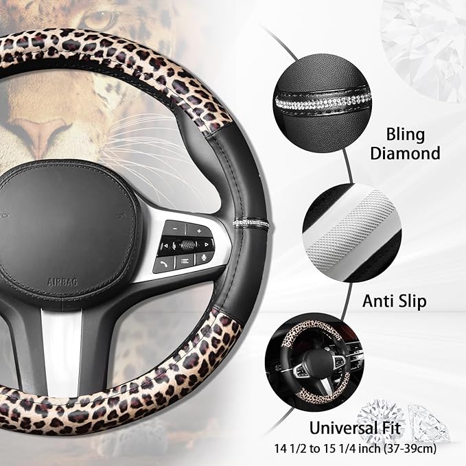 AUTOYOUTH Leopard Steering Wheel Cover - Bling Crystal Rhinestones Cheetah Print on Leather Non-Slip Breathable Design for Wo