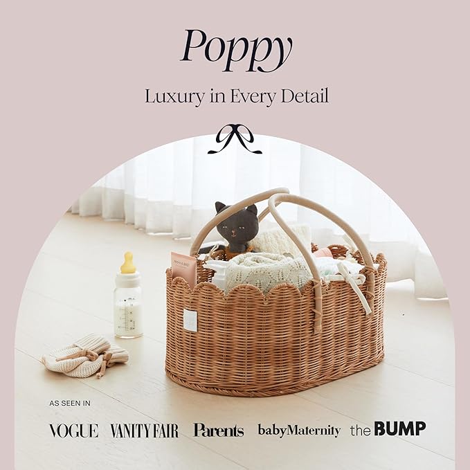 BEBE BASK Premium Baby Diaper Caddy Organizer - Handmade & Award-Winning Scalloped Rattan Basket - Luxury Diaper Caddy Basket
