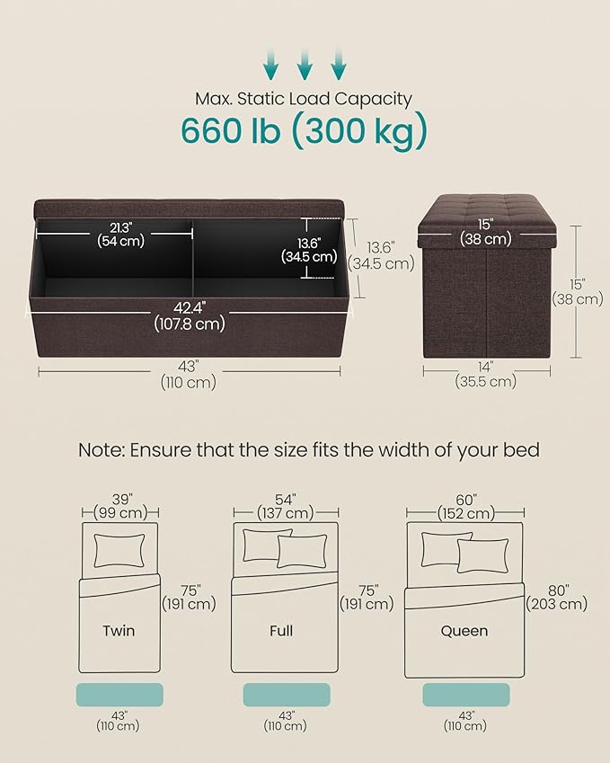 SONGMICS MAZIE Collection - 43 Inches Folding Storage Ottoman Bench, Ottoman Foot Rest, End of Bed Bench, Storage Chest, Load