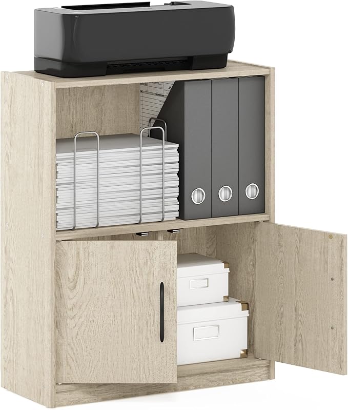 Furinno GRUEN Book Shelf, 2-Tier Small Bookshelf, Bookcase with Open Shelf and Doors Storage Cabinet, 9.3 x 21.8 x 27, for Or
