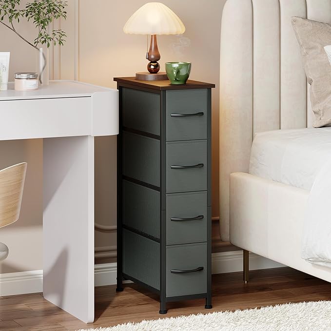 Somdot Narrow Dresser with 4 Drawers, Slim Storage Organizer Chest of Drawers with Removable Fabric Drawers for Small Spaces 