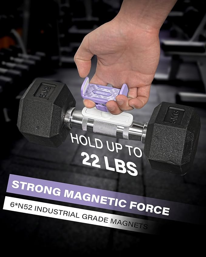 APPS2Car Gym Magnetic Phone Holder, 360 Adjustable, Compatible with 4.7-6.5" Smartphones, Alloy Base and Joint, Gym Accessories for Women, Purple