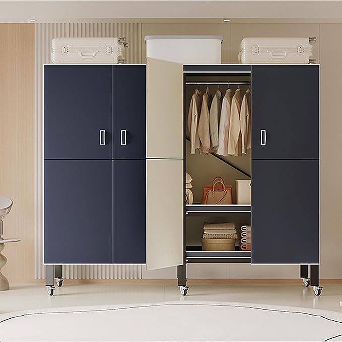 Heavy Duty Covered Clothes Rack with Magnetic Door Foldable Portable Wardrobe Closet for Hanging Clothing Rolling Black Metal